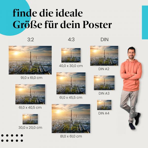 Entdecke die passende Postergröße: Eiffelturm, Sonnenuntergang, Skyline von Paris.