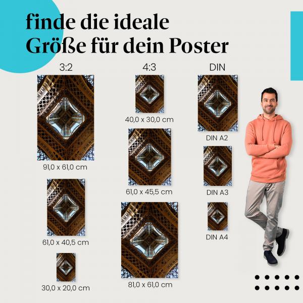 Entdecke die passende Postergröße: Eiffelturm, Stahlkonstruktion, geometrische Formen.