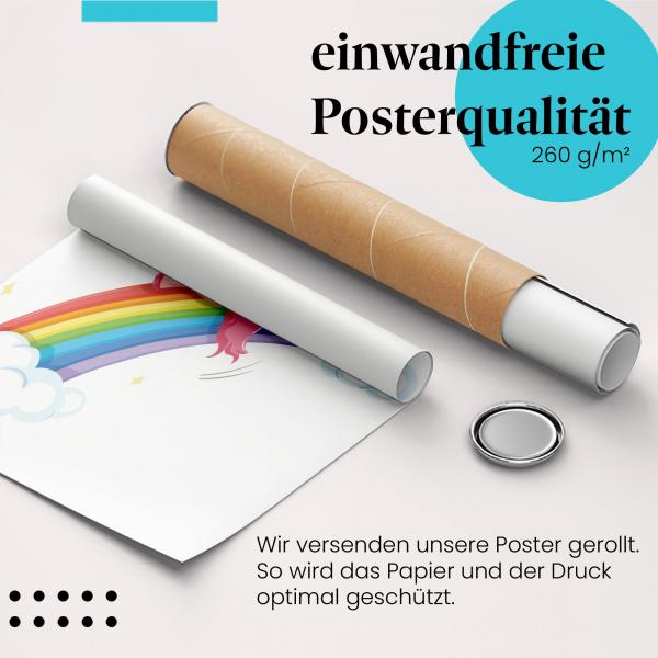 Gerolltes Poster "Einhorn & Regenbogen". Märchenhaft & fantasievoll, sicher verpackt.