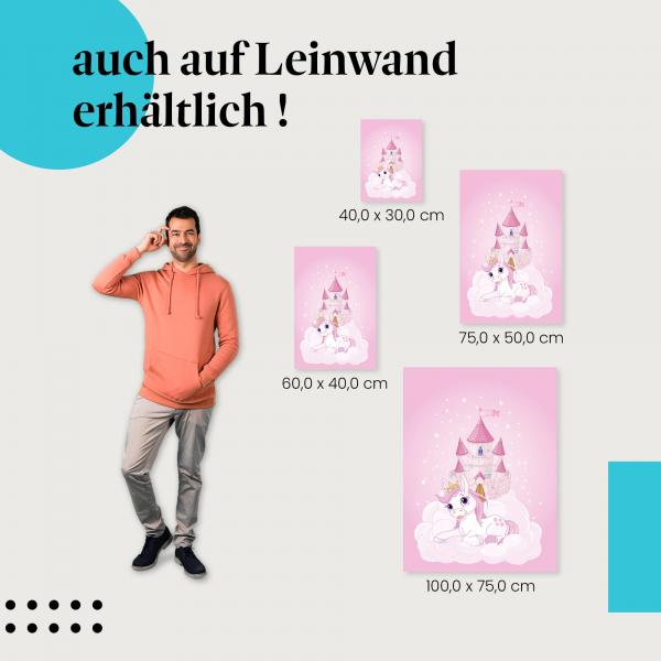 Einhorn auf Wolke vor rosa Schloss, Glitzer und Sterne als Leinwandbild - märchenhaftes Design für Kinder.