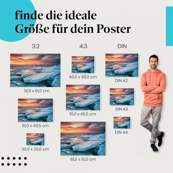 Entdecke die passende Postergröße: Sonnenuntergang, See, türkis, Eisschollen.