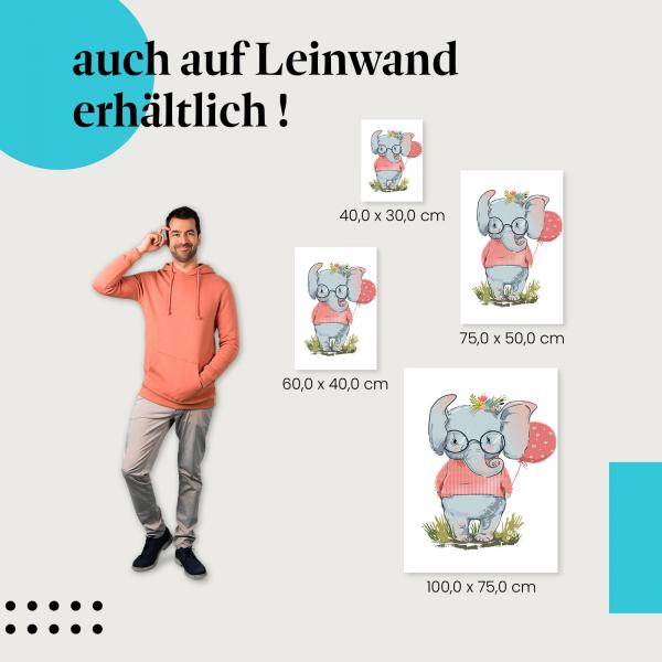 Elefant: Leinwandbild. Brille, Herzballon.