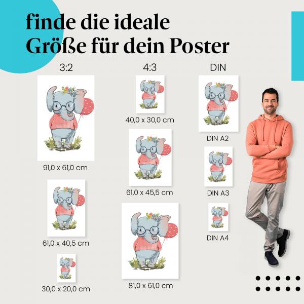 Elefant, Poster: Brille, Herzballon, Wiese.