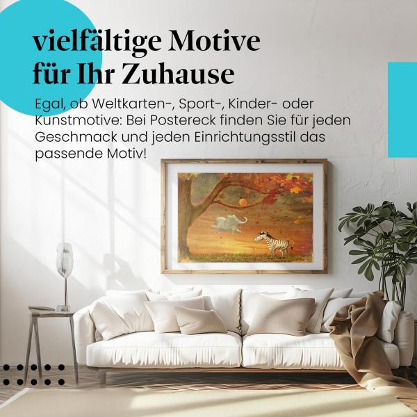 Leinwandbild "Elefant mit Luftballon und Zebra - Herbstzauber". Wanddeko für alle, die Tiermotive und Herbstfarben lieben.