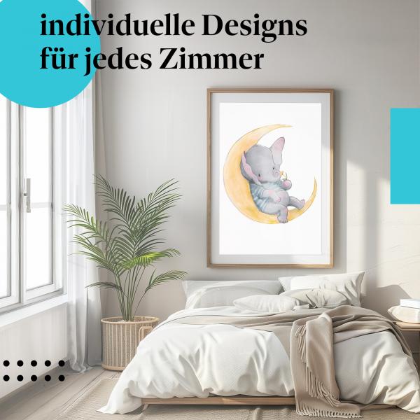 Schlafzimmer Deko: "Elefant & Mond" Poster - Süße Träume - perfekt fürs Kinderzimmer.