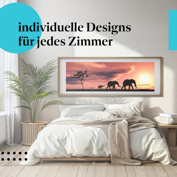 Schlafzimmer Deko: "Elefantenfamilie" Poster im minimalistischen Schlafzimmer. Wanddeko für Tierliebhaber.