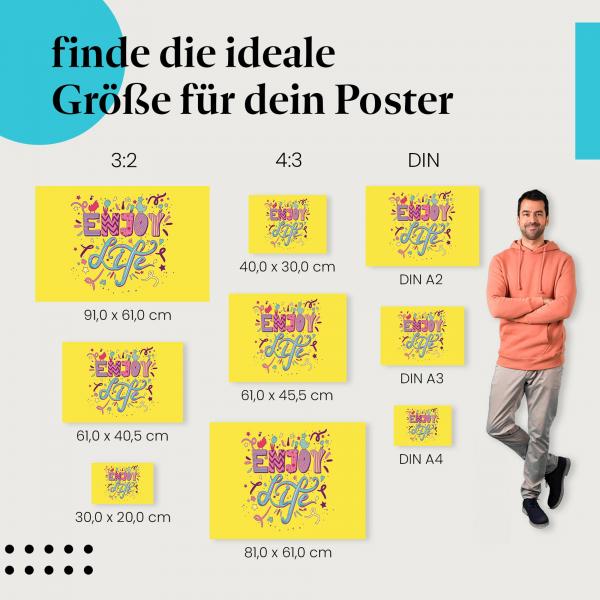 Entdecke die passende Postergröße: "Enjoy Life", Schriftzug, Vögel, Blumen, Sterne.