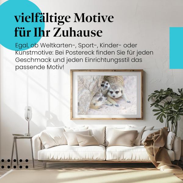 Dieses Leinwandbild mit den Erdmännchen ist ein Hingucker und versprüht gute Laune.