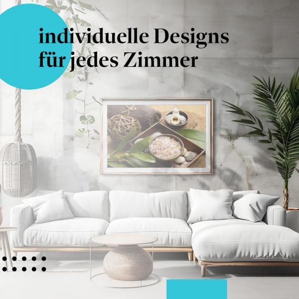 Schlafzimmer Deko: "Exotische Wellness" Poster. Wanddeko im minimalistischen Schlafzimmer.