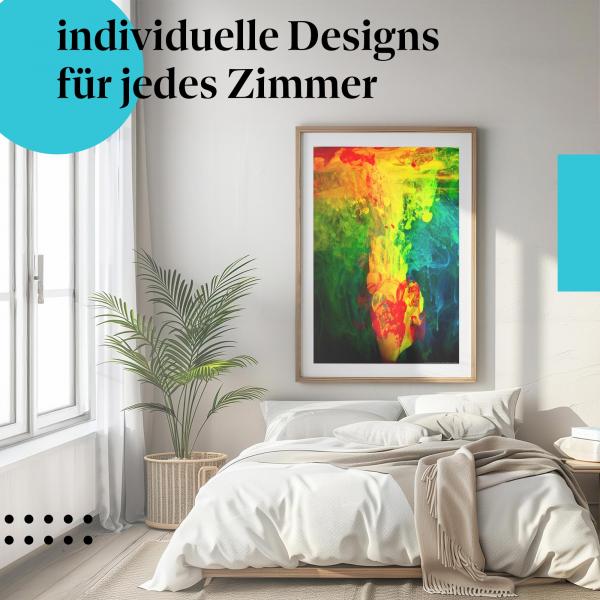 Schlafzimmer Deko: Modernes Zimmer mit "Farbenspiel im Wasser" Poster. Abstrakte Wanddeko.