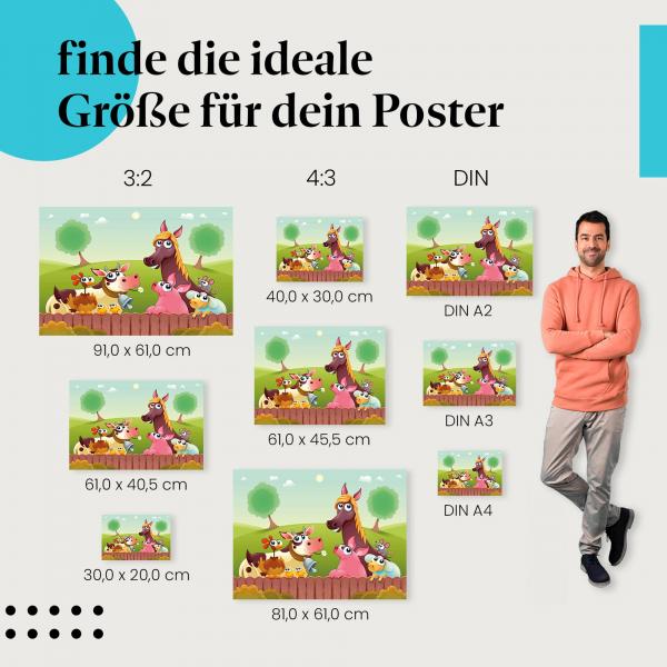 "Glückliche Farmtiere": Poster - Kuh, Pferd, Schwein, Schaf & Henne