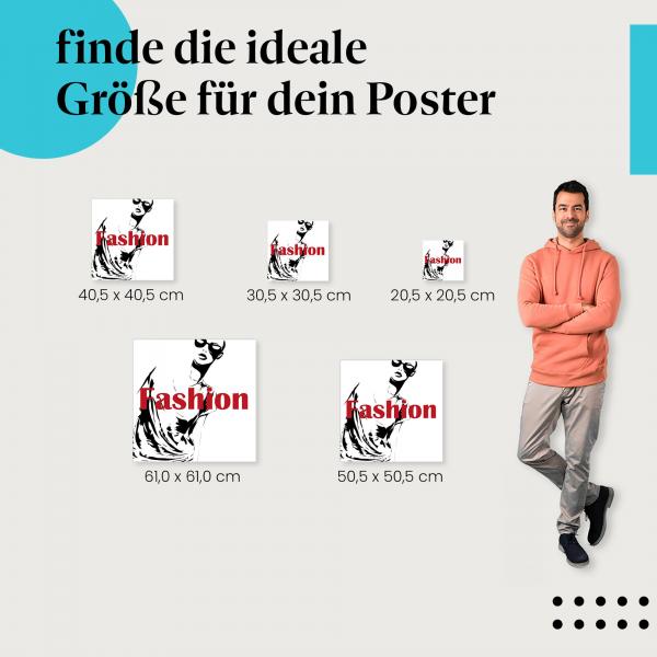 Wähle die ideale Postergröße: Schwarzweiß-Zeichnung einer Frau mit Sonnenbrille und "Fashion" - modischer Stil für deine Wand!