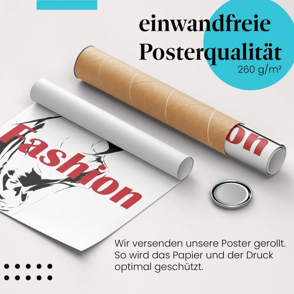 Gerolltes Poster "Fashion". Mode-Motiv in Schwarz-Weiß-Rot, sicher verpackt.