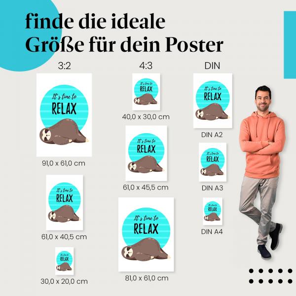 Entdecke die passende Postergröße: Faultier, "Zeit zum Entspannen", Ruhe, niedlich.