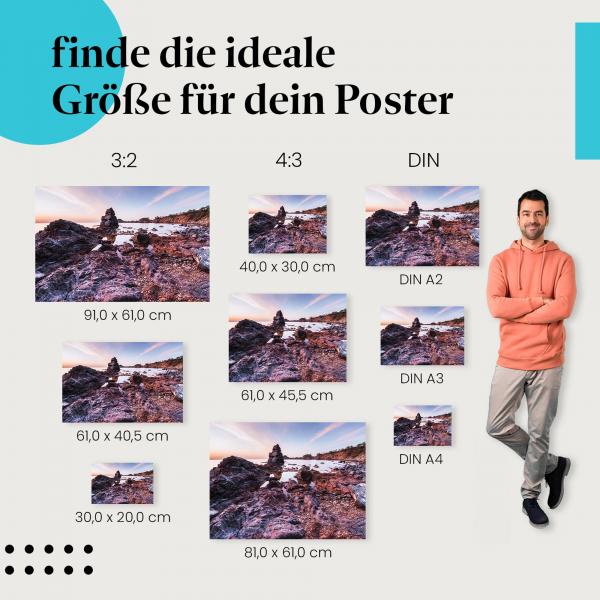 Strand, Poster: Felsen, Sonnenaufgang, Pastelltöne.