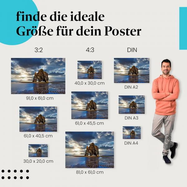 Island, Poster: Felsformation, Sonnenuntergang.