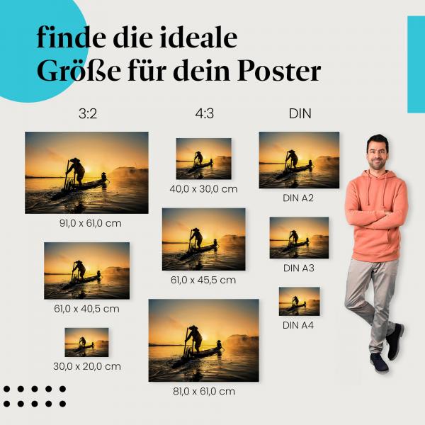 Entdecke die passende Postergröße: Fischer im Einbaum, See, Sonnenaufgang.