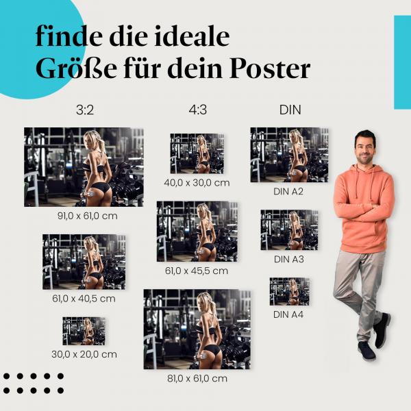 Fitness, Poster: Frau, Muskeln, Hantel, Studio.