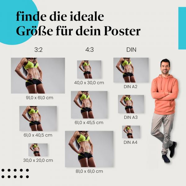 Fitness, Poster: Frau, Bauchmuskeln, grau.