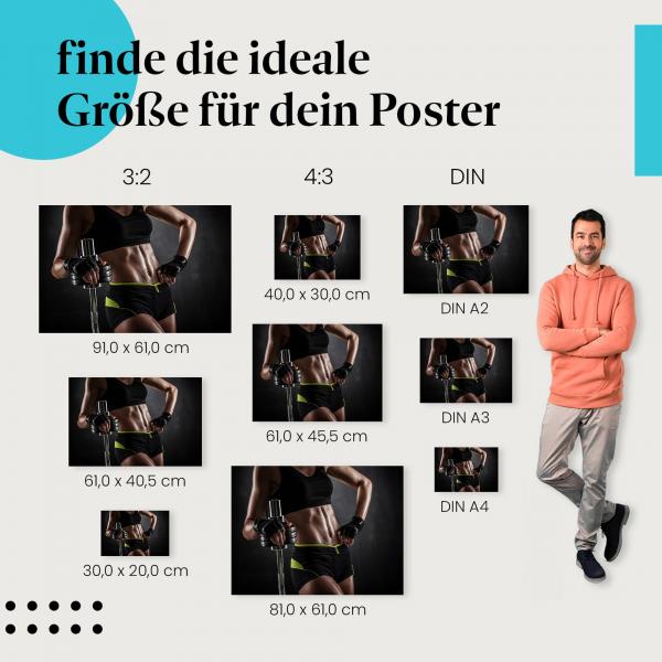 Fitness, Poster: Frau, Sixpack, Langhantel, zufrieden.