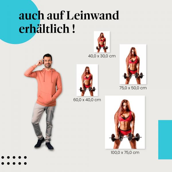 Fitness: Leinwandbild. Frau, Hanteln, rot, Muskeln.