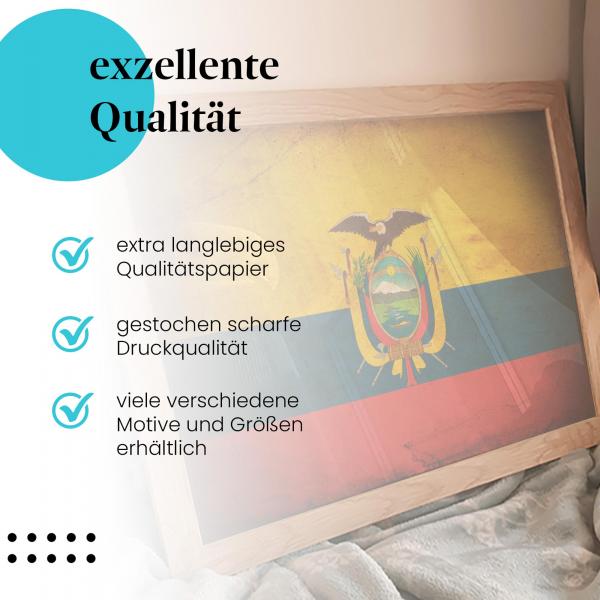 Gerahmtes Wandbild "Ecuador Flagge" - Vintage, Wappen im Fokus, langlebiger Druck.