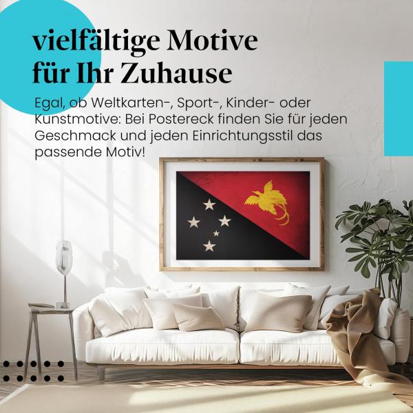 Stylisches Leinwandbild: Papua-Neuguinea Vintage Flagge: Paradiesvogel. Wanddeko für Papua-Neuguinea-Fans.