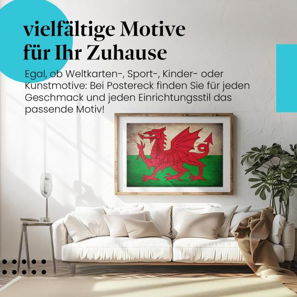 Stylisches Leinwandbild: Walisische Grunge Flagge im Vintage-Stil. Wanddeko für Wales-Fans.