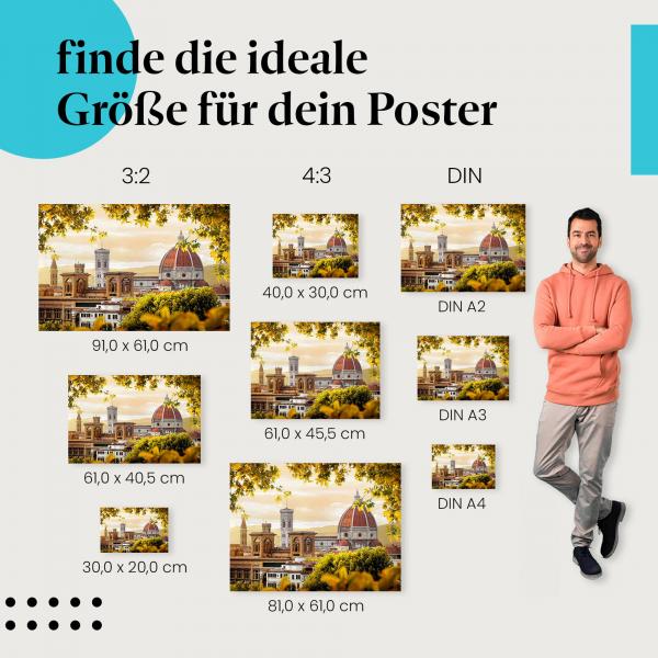 Wähle die ideale Postergröße: Dom von Florenz im Abendlicht, bunte Blätter an Bäumen.