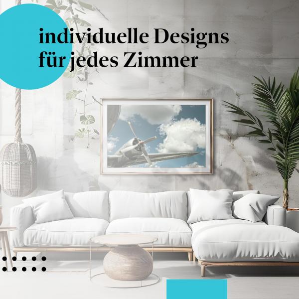 Schlafzimmer Deko: Minimalistisches Zimmer mit "Flugzeugpropeller im Himmel" Poster. Wanddeko für Flugzeug-Fans.