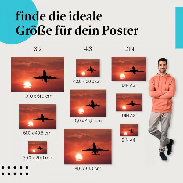 Entdecke die passende Postergröße: Flugzeug Silhouette, roter Himmel, Sonnenuntergang.