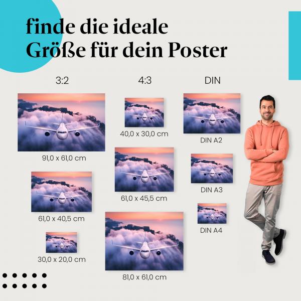 Flugzeug, Poster: Sonnenuntergang, Landschaft, Berge, Meer.