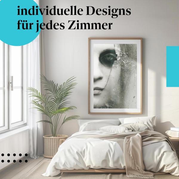 Schlafzimmer Deko: "Frau mit Make-up" Poster im minimalistischen Schlafzimmer. Moderne Wanddeko.