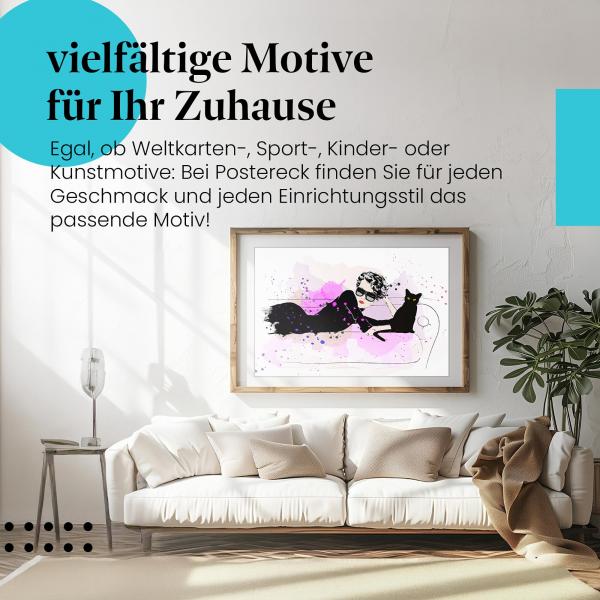 Stylisches Leinwandbild: Entspannte Eleganz - Frau mit Katze auf Sofa.