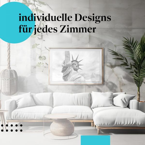 Schlafzimmer Deko: Minimalistisches Zimmer mit "Freiheitsstatue" Poster. Wanddeko für Freiheitsliebhaber.