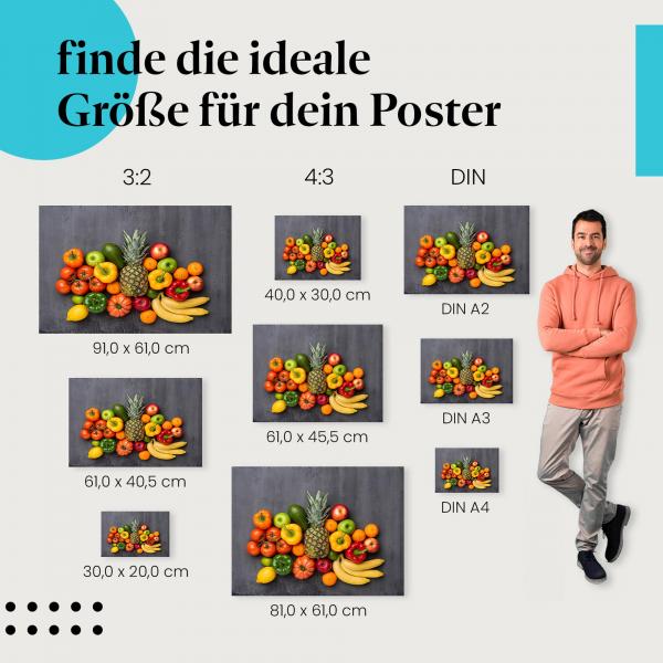 Finde die ideale Postergröße: Exotische Früchte, Ananas, Banane, Paprika, Äpfel.