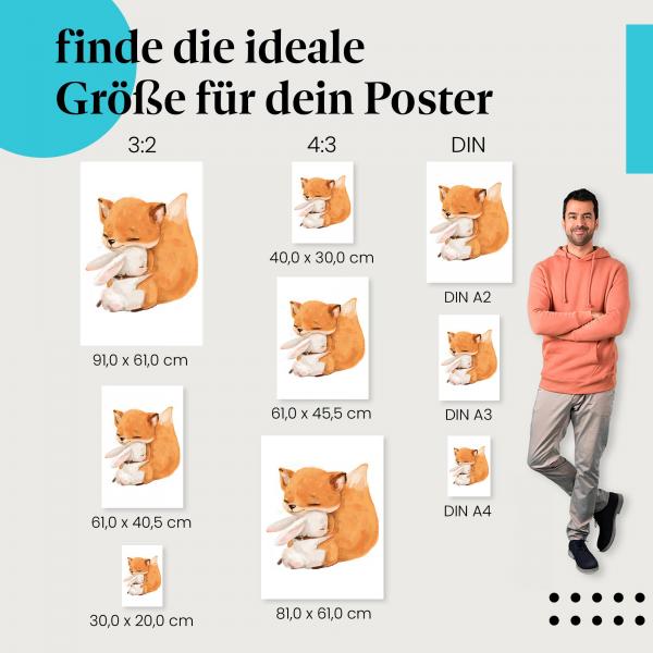 Finde die ideale Postergröße! Fuchs & Hase: Kuschelnd, Freundschaft.