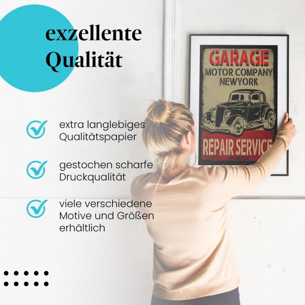 Gerahmtes Wandbild "Garage New York" im Werkstatt-Stil. Ideal für Oldtimer-Fans und Werkstätten.