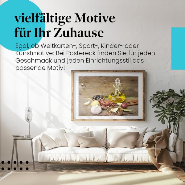 Stylisches Leinwandbild einer Auswahl an Gewürzen auf rustikalem Holz. Perfekt für die Küche und kulinarische Inspiration!