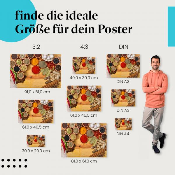 Entdecke die passende Postergröße: Gewürze in Schalen, Holztisch, Farben, Aromen.