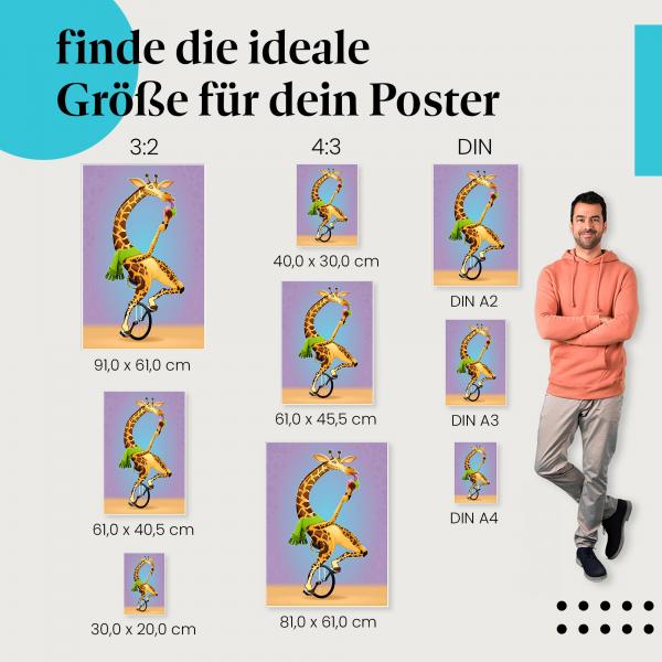 "Leckermäulchen: Giraffe genießt Eis": Poster - Giraffe, Eis & Einrad