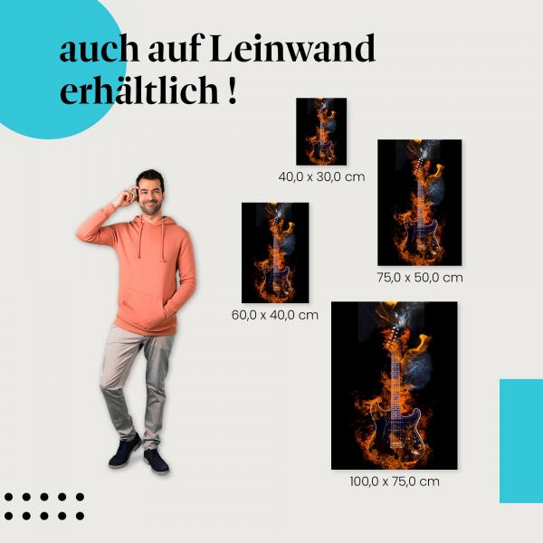 E-Gitarre: Leinwandbild. Flammen, Rauch, Energie. Wähle deine Größe.