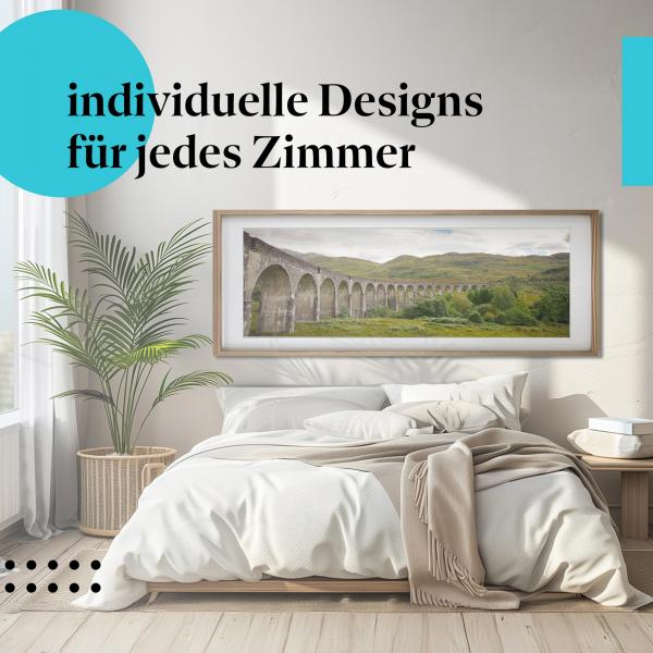 Schlafzimmer Deko: Modernes Zimmer mit "Glenfinnan-Viadukt" Poster. Wanddeko für Schottland-Fans.