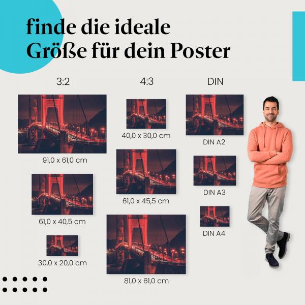 Golden Gate Bridge, Poster: Nacht, rote Lichter, mystisch.