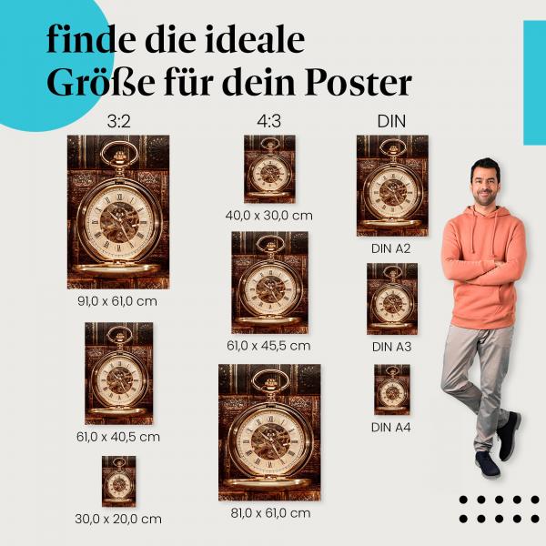 Entdecke die passende Postergröße: Goldene Taschenuhr, Uhrwerk, antike Bücher.