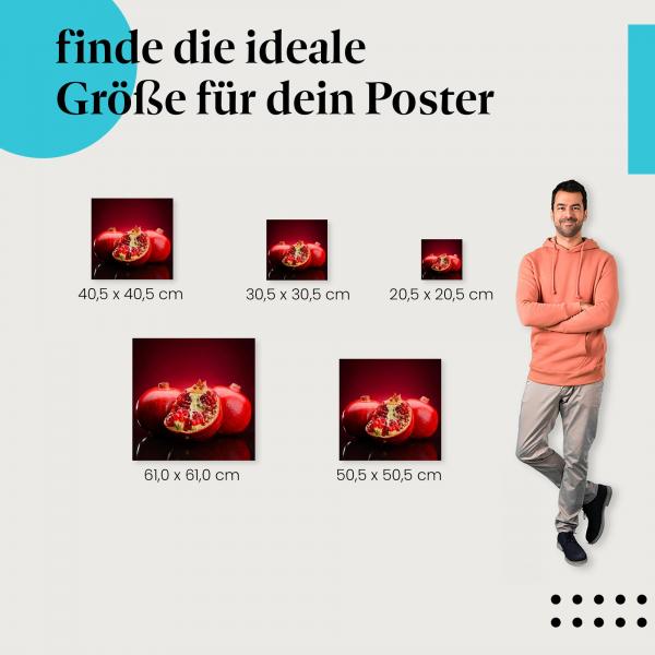 Granatäpfel: Poster, reif, aufgeschnitten, rote Kerne, Vitamine.