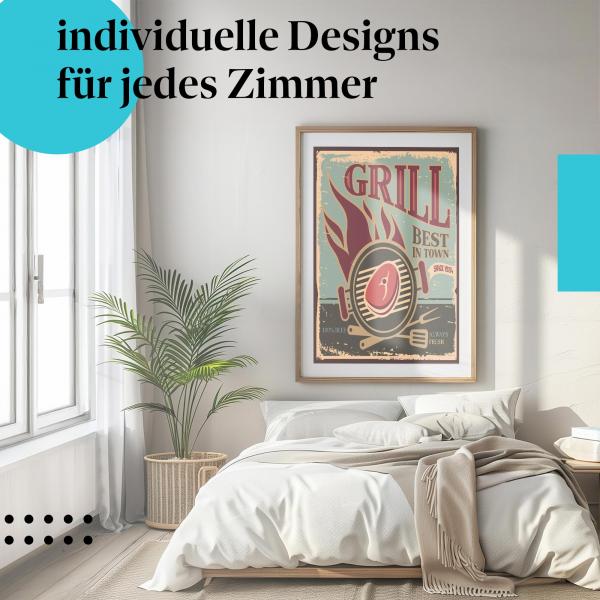 Schlafzimmer Deko: "Bester Grillgenuss" Poster. Wanddeko im minimalistischen Schlafzimmer.