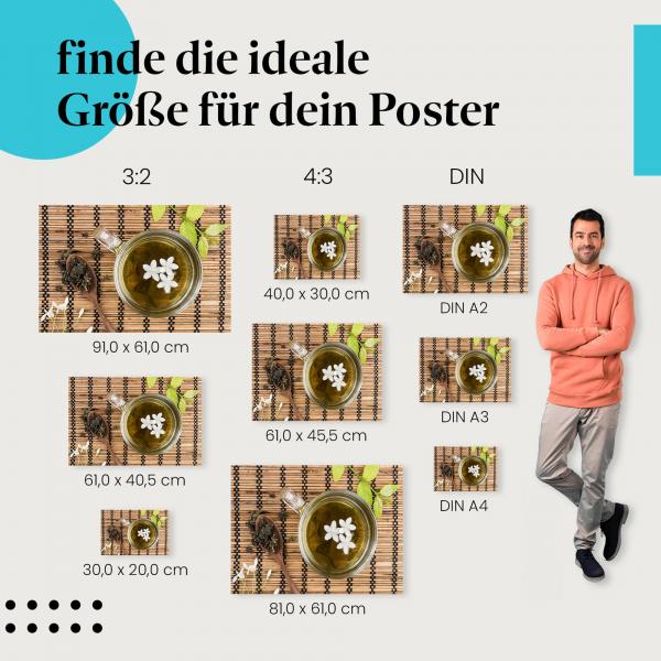 Entdecke die passende Postergröße: Grüner Tee, Jasminblüten, Bambusmatte - Auszeit.