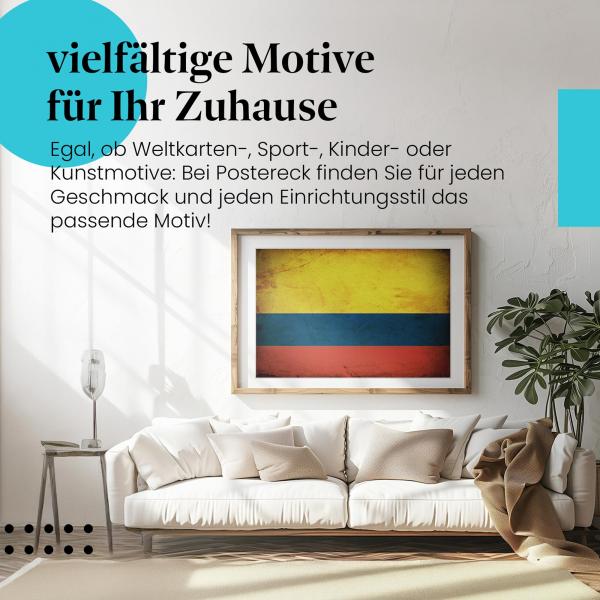 Stylisches Leinwandbild: Grunge Flagge Kolumbiens im Vintage-Stil. Wanddeko für Kolumbien-Fans.