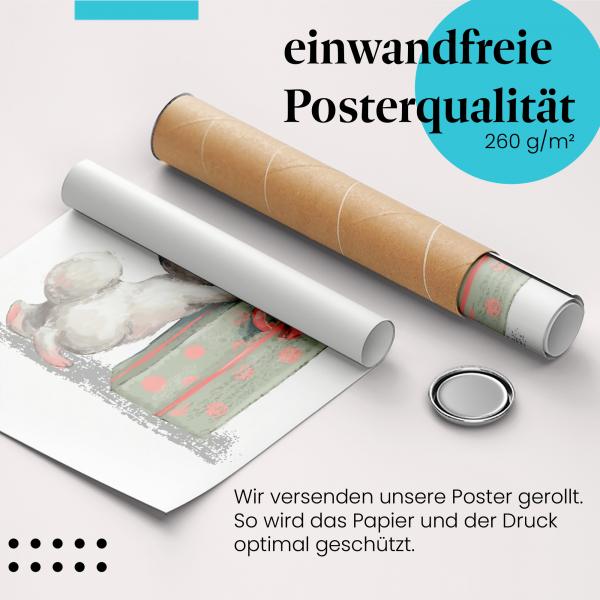 Gerolltes Poster "Hase & Geschenk" - Verspieltes Tiermotiv, sicher verpackt.